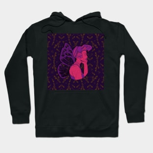 Butterfly woman listening to music in pink Hoodie